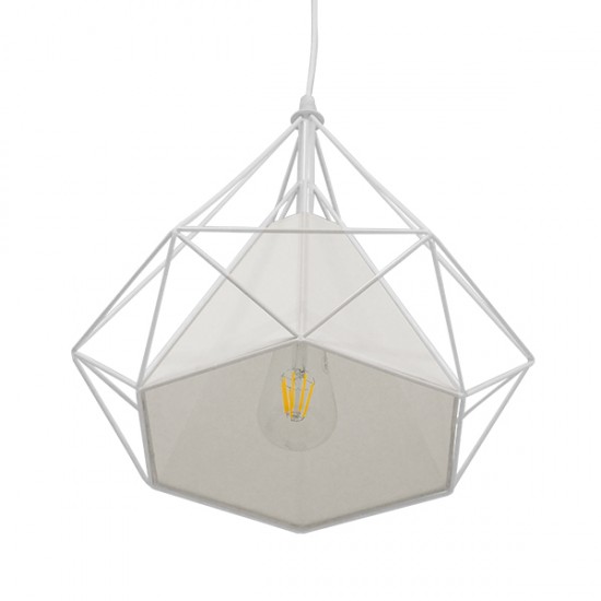 GloboStar® KAIRI 01619 Μοντέρνο Industrial Κρεμαστό Φωτιστικό Οροφής Μονόφωτο 1 x E27 Λευκό με Ύφασμα Μεταλλικό Πλέγμα Φ38 x Υ39cm