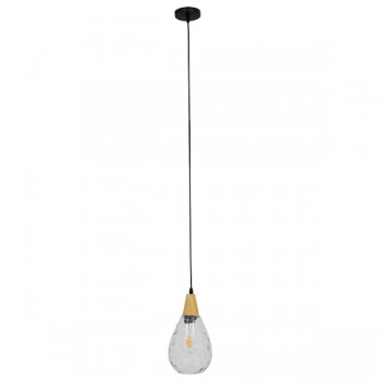 GloboStar® NOAH 01491 Μοντέρνο Κρεμαστό Φωτιστικό Οροφής Μονόφωτο 1 x E27 Γυάλινο με Ξύλο Διάφανο Φ16 x Υ30cm