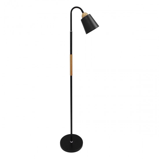 GloboStar® RIBBON 01585 Μοντέρνο Φωτιστικό Δαπέδου Μονόφωτο 1 x E27 Μαύρο Μεταλλικό Καμπάνα με Εφέ Ξύλου D13 x H164cm