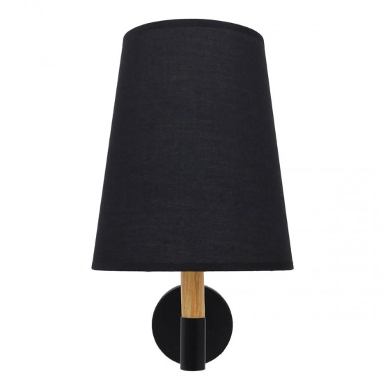 GloboStar® LYDFORD 01432 Μοντέρνο Φωτιστικό Τοίχου Απλίκα Μονόφωτο Μαύρο με Μπέζ Ξύλο Μεταλλικό Φ20 x Y36cm