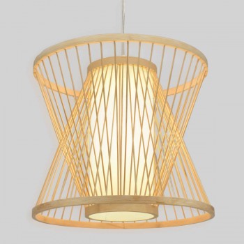 GloboStar® DE PARIS 01632 Vintage Κρεμαστό Φωτιστικό Οροφής Μονόφωτο 1 x E27 Μπεζ Ξύλινο Μπαμπού Φ35 x Y32cm