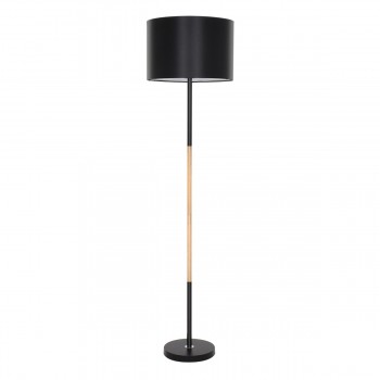 GloboStar® ASHLEY 00824 Μοντέρνο Φωτιστικό Δαπέδου Μονόφωτο 1 x E27 Μαύρο Μεταλλικό Καμπάνα με Μαύρο Ύφασμα & Εφέ Ξύλου D40 x H145cm