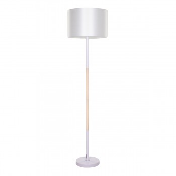 GloboStar® ASHLEY 00826 Μοντέρνο Φωτιστικό Δαπέδου Μονόφωτο 1 x E27 Λευκό Μεταλλικό Καμπάνα με Λευκό Ύφασμα & Εφέ Ξύλου D40 x H145cm