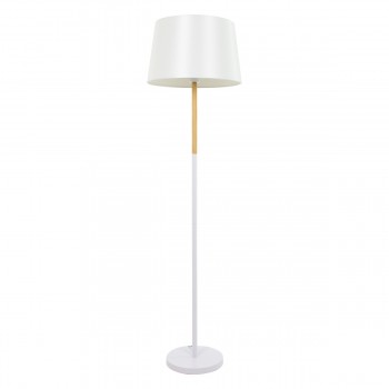 GloboStar® CEDAR 00828 Μοντέρνο Φωτιστικό Δαπέδου Μονόφωτο 1 x E27 Λευκό Μεταλλικό Καμπάνα με Λευκό Ύφασμα & Εφέ Ξύλου D40 x H148cm