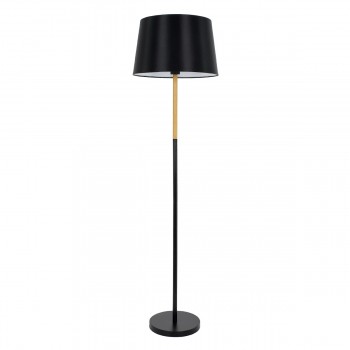 GloboStar® CEDAR 00827 Μοντέρνο Φωτιστικό Δαπέδου Μονόφωτο 1 x E27 Μαύρο Μεταλλικό Καμπάνα με Μαύρο Ύφασμα & Εφέ Ξύλου D40 x H148cm