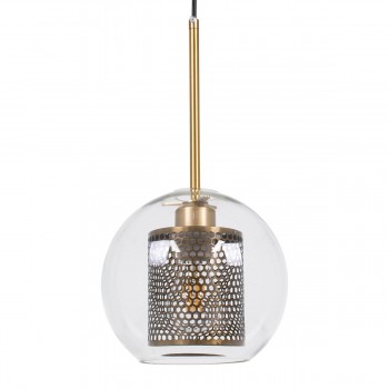GloboStar® AVERY 00739 Μοντέρνο Κρεμαστό Φωτιστικό Οροφής Μονόφωτο 1 x E27 Διάφανο Γυάλινο με Χρυσό Μεταλλικό Πλέγμα Φ18 x Υ38cm