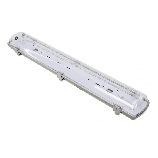 GloboStar® 90611 2 x 60cm T8 Tri-Proof Πλαστικό PC Σκαφάκι με Μεταλλικά Clips για 2 x Λάμπες Φθορίου LED Τροφοδοσίας Ενός Άκρου Αδιάβροχο IP65