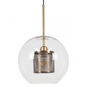 GloboStar® AVERY 00740 Μοντέρνο Κρεμαστό Φωτιστικό Οροφής Μονόφωτο 1 x E27 Διάφανο Γυάλινο με Χρυσό Μεταλλικό Πλέγμα Φ30 x Υ48cm