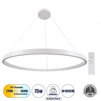 GloboStar® NEMESIS 61165 Κρεμαστό Φωτιστικό Δαχτυλίδι-Κύκλος LED CCT 75W 8743lm 360° AC 220-240V - Εναλλαγή Φωτισμού μέσω Τηλεχειριστηρίου All In One Ψυχρό 6000k+Φυσικό 4500k+Θερμό 2700k Dimmable Φ100cm - Λευκό - 3 Years Warranty