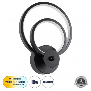 GloboStar® FREDDIE 61076 Φωτιστικό Τοίχου - Απλίκα Design LED CCT 15W 1800lm 300° AC 220-240V - Εναλλαγή Φωτισμού μέσω Διακόπτη On/Off All In One Ψυχρό 6000k+Φυσικό 4500k+Θερμό 2700k Μ20 x Π7.5 x Υ25cm - Μαύρο