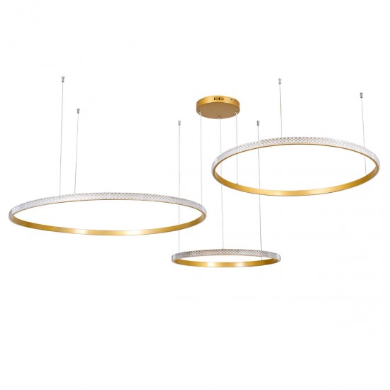GloboStar® DIAMOND TRIO 61147 Κρεμαστό Φωτιστικό Δαχτυλίδι-Κύκλος LED CCT 150W 18379lm 360° AC 220-240V - Εναλλαγή Φωτισμού μέσω Τηλεχειριστηρίου All In One Ψυχρό 6000k+Φυσικό 4500k+Θερμό 2700k Dimmable Φ60+80+100cm - Χρυσό Βούρτσας - 3 Years Warranty