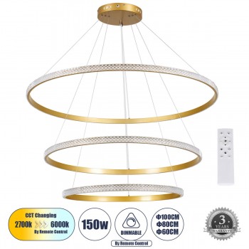 GloboStar® DIAMOND TRIO 61141 Κρεμαστό Φωτιστικό Δαχτυλίδι-Κύκλος LED CCT 150W 18379lm 360° AC 220-240V - Εναλλαγή Φωτισμού μέσω Τηλεχειριστηρίου All In One Ψυχρό 6000k+Φυσικό 4500k+Θερμό 2700k Dimmable Φ60+80+100cm - Χρυσό Βούρτσας - 3 Years Warranty