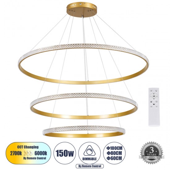 GloboStar® DIAMOND TRIO 61141 Κρεμαστό Φωτιστικό Δαχτυλίδι-Κύκλος LED CCT 150W 18379lm 360° AC 220-240V - Εναλλαγή Φωτισμού μέσω Τηλεχειριστηρίου All In One Ψυχρό 6000k+Φυσικό 4500k+Θερμό 2700k Dimmable Φ60+80+100cm - Χρυσό Βούρτσας - 3 Years Warranty