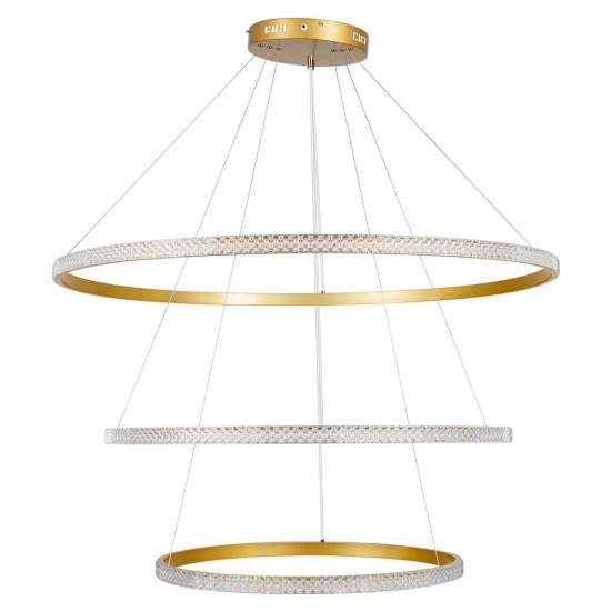 GloboStar® DIAMOND TRIO 61141 Κρεμαστό Φωτιστικό Δαχτυλίδι-Κύκλος LED CCT 150W 18379lm 360° AC 220-240V - Εναλλαγή Φωτισμού μέσω Τηλεχειριστηρίου All In One Ψυχρό 6000k+Φυσικό 4500k+Θερμό 2700k Dimmable Φ60+80+100cm - Χρυσό Βούρτσας - 3 Years Warranty