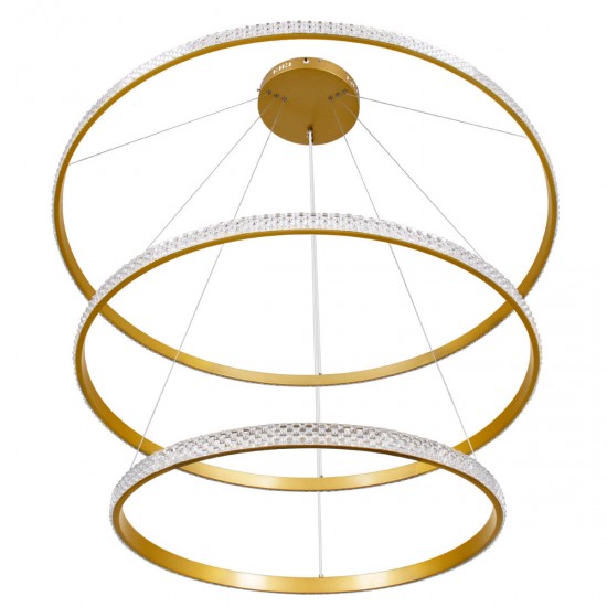 GloboStar® DIAMOND TRIO 61141 Κρεμαστό Φωτιστικό Δαχτυλίδι-Κύκλος LED CCT 150W 18379lm 360° AC 220-240V - Εναλλαγή Φωτισμού μέσω Τηλεχειριστηρίου All In One Ψυχρό 6000k+Φυσικό 4500k+Θερμό 2700k Dimmable Φ60+80+100cm - Χρυσό Βούρτσας - 3 Years Warranty