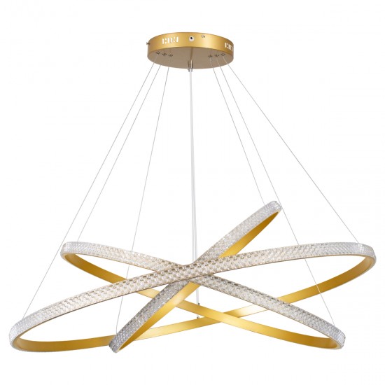 GloboStar® DIAMOND TRIO 61141 Κρεμαστό Φωτιστικό Δαχτυλίδι-Κύκλος LED CCT 150W 18379lm 360° AC 220-240V - Εναλλαγή Φωτισμού μέσω Τηλεχειριστηρίου All In One Ψυχρό 6000k+Φυσικό 4500k+Θερμό 2700k Dimmable Φ60+80+100cm - Χρυσό Βούρτσας - 3 Years Warranty