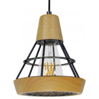 GloboStar® AKRON 10001133 Μοντέρνο Κρεμαστό Φωτιστικό Οροφής Μονόφωτο 1 x E27 Μπεζ Ξύλινο με Μεταλλικό Πλέγμα Φ19 x Y22cm