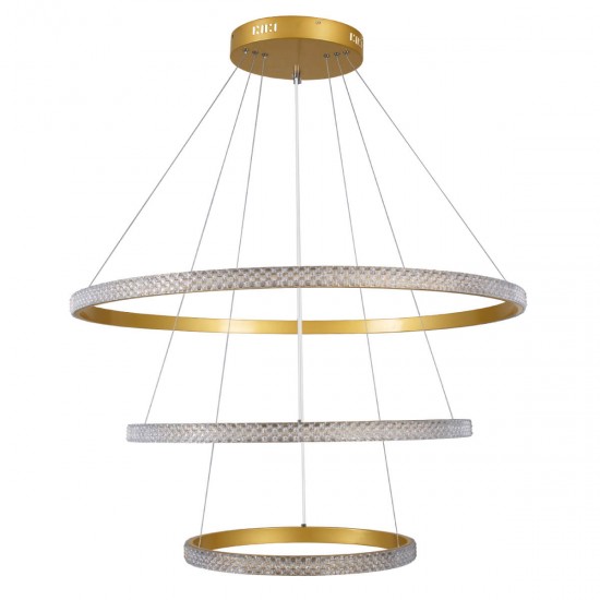 GloboStar® DIAMOND TRIO 61139 Κρεμαστό Φωτιστικό Δαχτυλίδι-Κύκλος LED CCT 120W 14723lm 360° AC 220-240V - Εναλλαγή Φωτισμού μέσω Τηλεχειριστηρίου All In One Ψυχρό 6000k+Φυσικό 4500k+Θερμό 2700k Dimmable Φ40+60+80cm - Χρυσό Βούρτσας - 3 Years Warranty
