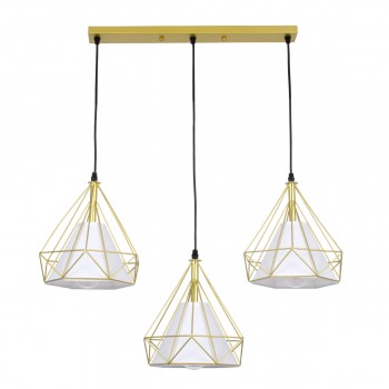 GloboStar® EIFFEL 61571 Vintage Κρεμαστό Φωτιστικό Οροφής Τρίφωτο 3 x E27 Χρυσό Μεταλλικό Πλέγμα με Λευκό Ύφασμα Μ68 x Π25 x Υ130cm