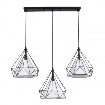 GloboStar® EIFFEL 61569 Vintage Κρεμαστό Φωτιστικό Οροφής Τρίφωτο 3 x E27 Μαύρο Μεταλλικό Πλέγμα με Λευκό Ύφασμα Μ68 x Π25 x Υ130cm