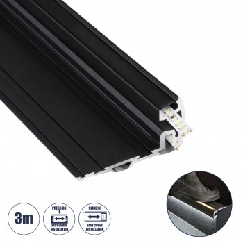 GloboStar® 70843-3M Προφίλ Αλουμινίου για Σκαλοπάτια Μαύρο με Μαύρο Οπάλ Κάλυμμα Up / Down για 2 Σειρές Ταινίας LED Πατητό - Press On με Αντιολισθητικό Ελαστικό Σιλικόνης 3 Μέτρα