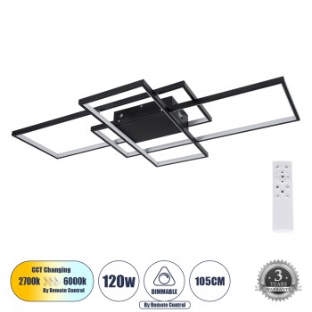 GloboStar® QUADRA 61388 Φωτιστικό Οροφής Design LED CCT 120W 14400lm 120° AC 220-240V - Εναλλαγή Φωτισμού μέσω Τηλεχειριστηρίου All In One Ψυχρό 6000k+Φυσικό 4500k+Θερμό 2700k Dimmable Μ105 x Π60 x Υ19cm - Μαύρο - 3 Years Warranty