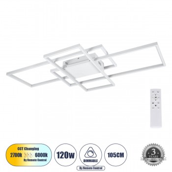 GloboStar® QUADRA 61389 Φωτιστικό Οροφής Design LED CCT 120W 14400lm 120° AC 220-240V - Εναλλαγή Φωτισμού μέσω Τηλεχειριστηρίου All In One Ψυχρό 6000k+Φυσικό 4500k+Θερμό 2700k Dimmable Μ105 x Π60 x Υ19cm - Λευκό - 3 Years Warranty