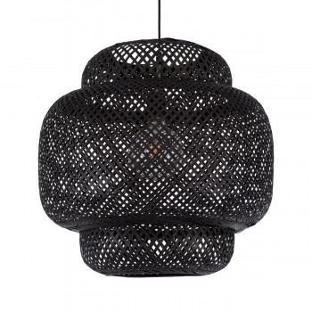 GloboStar® MALDIVES 00579 Μοντέρνο Κρεμαστό Φωτιστικό Οροφής Μονόφωτο 1 x E27 Μαύρο Μπαμπού Πλέγμα Φ56 x Υ54cm
