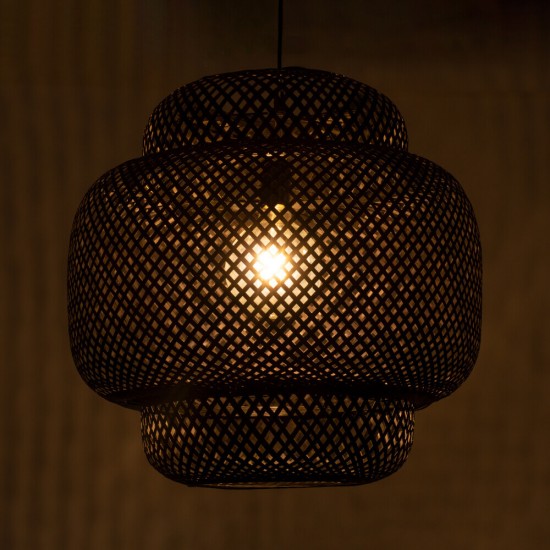 GloboStar® MALDIVES 00579 Μοντέρνο Κρεμαστό Φωτιστικό Οροφής Μονόφωτο 1 x E27 Μαύρο Μπαμπού Πλέγμα Φ56 x Υ54cm