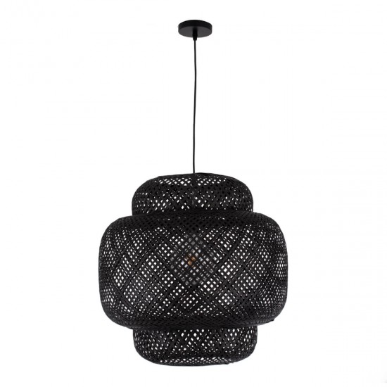 GloboStar® MALDIVES 00579 Μοντέρνο Κρεμαστό Φωτιστικό Οροφής Μονόφωτο 1 x E27 Μαύρο Μπαμπού Πλέγμα Φ56 x Υ54cm