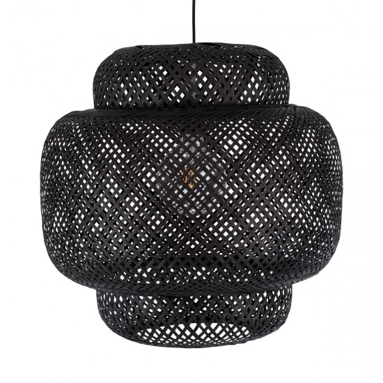 GloboStar® MALDIVES 00579 Μοντέρνο Κρεμαστό Φωτιστικό Οροφής Μονόφωτο 1 x E27 Μαύρο Μπαμπού Πλέγμα Φ56 x Υ54cm