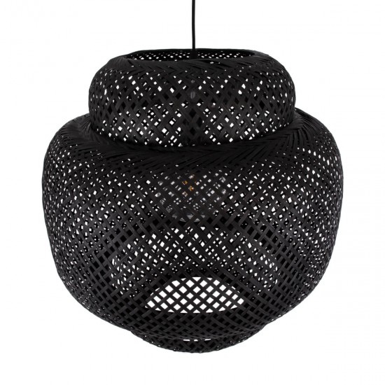 GloboStar® MALDIVES 00579 Μοντέρνο Κρεμαστό Φωτιστικό Οροφής Μονόφωτο 1 x E27 Μαύρο Μπαμπού Πλέγμα Φ56 x Υ54cm