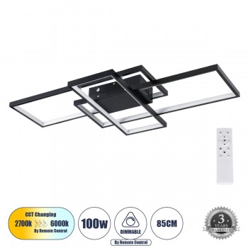 GloboStar® QUADRA 61385 Φωτιστικό Οροφής Design LED CCT 100W 12000lm 120° AC 220-240V - Εναλλαγή Φωτισμού μέσω Τηλεχειριστηρίου All In One Ψυχρό 6000k+Φυσικό 4500k+Θερμό 2700k Dimmable Μ85 x Π45 x Υ9cm - Μαύρο - 3 Years Warranty