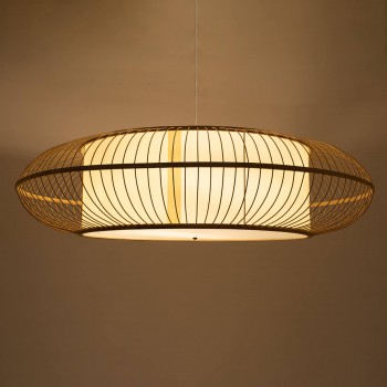 GloboStar® FERNANDO 01782 Μοντέρνο Κρεμαστό Φωτιστικό Οροφής Μονόφωτο 1 x E27 Καφέ Μπαμπού Καμπάνα Φ120 x Υ31cm