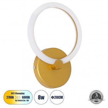 GloboStar® MATILDA 61340 Φωτιστικό Τοίχου - Απλίκα Design LED CCT 8W 960lm 360° AC 220-240V - Εναλλαγή Φωτισμού μέσω Διακόπτη On/Off All In One Ψυχρό 6000k+Φυσικό 4500k+Θερμό 2700k Μ20 x Π5 x Υ25.5cm - Χρυσό - 3 Years Warranty