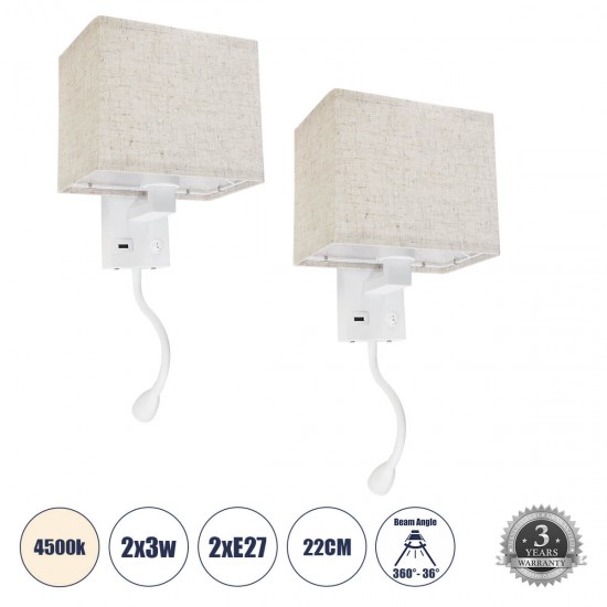 GloboStar® ROULETTE-S 61383 Μοντέρνο Φωτιστικό Τοίχου - Απλίκα Ξενοδοχείου Bed Side LED 3W 360lm & 1 x E27 36° & 360° AC 220-240V - Reading Up/Down Light - Φορτιστής USB 3A - Μ17 x Π20 x Υ37cm - Φυσικό Λευκό 4500K - Λευκό με Μπεζ Καπέλο - Σετ 2 Τε GloboStar® ROULETTE-S 61383 Μοντέρνο Φωτιστικό Τοίχου - Απλίκα Ξενοδοχείου Bed Side LED 3W 360lm & 1 x E27 36° & 360° AC 220-240V - Reading Up/Down Light - Φορτιστής USB 3A - Μ17 x Π20 x Υ37cm - Φυσικό Λευκό 4500K - Λευκό με Μπεζ Καπέλο - Σετ 2 Τε