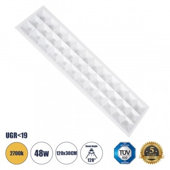 GloboStar® ZEUS 60973 Χωνευτό LED Panel 120x30cm 48W 6960lm 120° CRI≥86Ra UGR&lt;19 Anti-Glare Shield Diffuser AC 220-240V IP44 Μ60 x Π60 x Υ3.3cm - Θερμό Λευκό 2700K - Bridgelux High Lumen Chips - TÜV Certified Driver - 5 Years Warranty