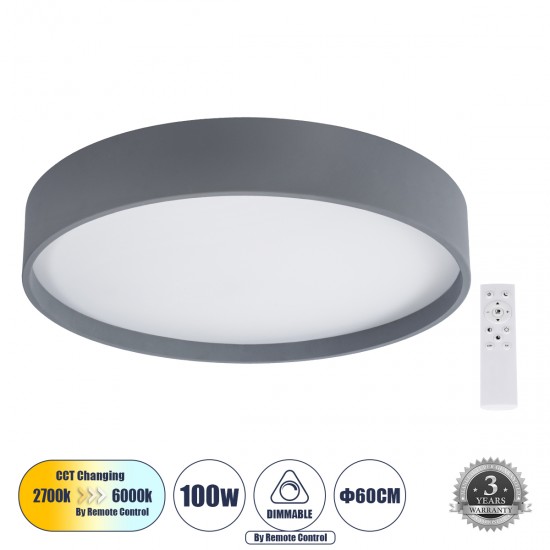 GloboStar® NARNIA 61260 Πλαφονιέρα Οροφής LED CCT 100W 11500lm 120° AC 220-240V - Εναλλαγή Φωτισμού μέσω Τηλεχειριστηρίου All In One Ψυχρό 6000k+Φυσικό 4500k+Θερμό 2700k Dimmable Φ60 x Υ10cm - Γκρι Ανθρακί - 3 Years Warranty GloboStar® NARNIA 61260 Πλαφονιέρα Οροφής LED CCT 100W 11500lm 120° AC 220-240V - Εναλλαγή Φωτισμού μέσω Τηλεχειριστηρίου All In One Ψυχρό 6000k+Φυσικό 4500k+Θερμό 2700k Dimmable Φ60 x Υ10cm - Γκρι Ανθρακί - 3 Years Warranty