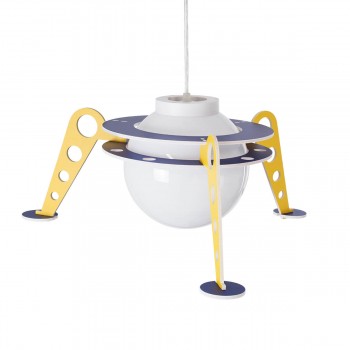 GloboStar® UFO 61581 Μοντέρνο Παδικό Κρεμαστό Φωτιστικό Οροφής Μονόφωτο 1 x E27 Κίτρινο & Μπλε PVC Φιγούρα Διαστημόπλοιο-Ούφο Φ58 x Υ24cm