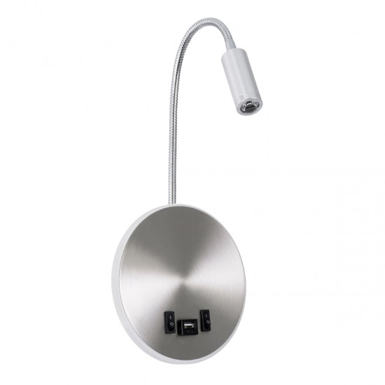 GloboStar® GOOSE 60884 Μοντέρνο Φωτιστικό Τοίχου - Απλίκα Ξενοδοχείου Bed Side LED 6W 600lm 36° & 360° AC 220-240V - Reading Light & 360° Κρυφός Φωτισμός - Φορτιστής USB 3A - Μ15.5 x Π15 x Υ30.5cm - Φυσικό Λευκό 4500K - Ασημί Νίκελ