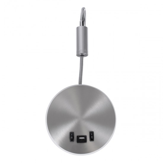 GloboStar® GOOSE 60884 Μοντέρνο Φωτιστικό Τοίχου - Απλίκα Ξενοδοχείου Bed Side LED 6W 600lm 36° & 360° AC 220-240V - Reading Light & 360° Κρυφός Φωτισμός - Φορτιστής USB 3A - Μ15.5 x Π15 x Υ30.5cm - Φυσικό Λευκό 4500K - Ασημί Νίκελ