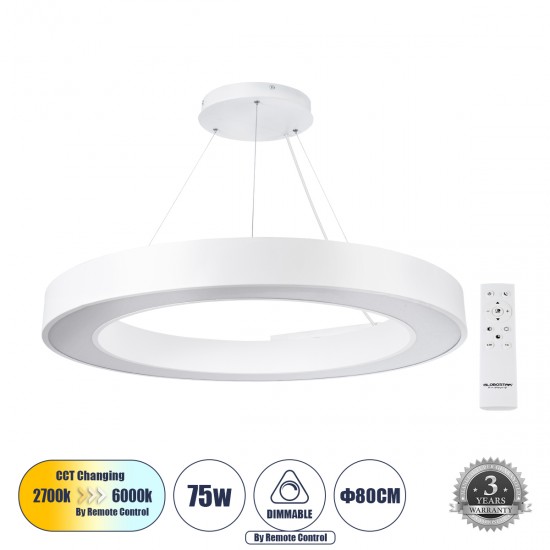 GloboStar® RA 61197 Κρεμαστό Φωτιστικό Δαχτυλίδι-Κύκλος LED CCT 75W 8250lm 120° AC 220-240V - Εναλλαγή Φωτισμού μέσω Τηλεχειριστηρίου All In One Ψυχρό 6000k+Φυσικό 4500k+Θερμό 2700k Dimmable Φ80cm - Λευκό - 3 Years Warranty GloboStar® RA 61197 Κρεμαστό Φωτιστικό Δαχτυλίδι-Κύκλος LED CCT 75W 8250lm 120° AC 220-240V - Εναλλαγή Φωτισμού μέσω Τηλεχειριστηρίου All In One Ψυχρό 6000k+Φυσικό 4500k+Θερμό 2700k Dimmable Φ80cm - Λευκό - 3 Years Warranty