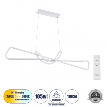 GloboStar® DOLORES 61280 Κρεμαστό Φωτιστικό Οροφής Design LED CCT 105W 11760lm 300° AC 220-240V - Εναλλαγή Φωτισμού μέσω Τηλεχειριστηρίου All In One Ψυχρό 6000k+Φυσικό 4500k+Θερμό 2700k Dimmable Μ110 x Π17 x Υ17.5cm - Λευκό - 3 Years Warranty