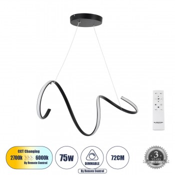 GloboStar® SPIRALE 61283 Κρεμαστό Φωτιστικό Οροφής Design LED CCT 75W 8400lm 300° AC 220-240V - Εναλλαγή Φωτισμού μέσω Τηλεχειριστηρίου All In One Ψυχρό 6000k+Φυσικό 4500k+Θερμό 2700k Dimmable Μ72 x Π25 x Υ18cm - Μαύρο - 3 Years Warranty