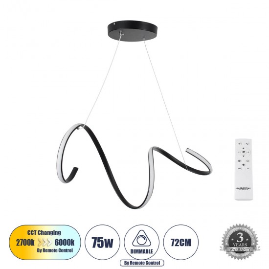 GloboStar® SPIRALE 61283 Κρεμαστό Φωτιστικό Οροφής Design LED CCT 75W 8400lm 300° AC 220-240V - Εναλλαγή Φωτισμού μέσω Τηλεχειριστηρίου All In One Ψυχρό 6000k+Φυσικό 4500k+Θερμό 2700k Dimmable Μ72 x Π25 x Υ18cm - Μαύρο - 3 Years Warranty