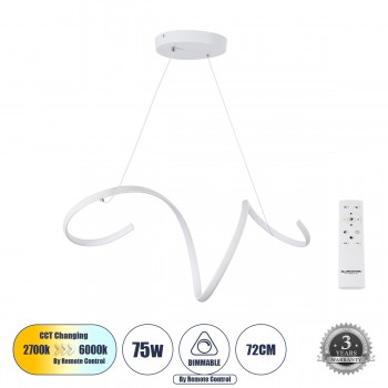 GloboStar® SPIRALE 61284 Κρεμαστό Φωτιστικό Οροφής Design LED CCT 75W 8400lm 300° AC 220-240V - Εναλλαγή Φωτισμού μέσω Τηλεχειριστηρίου All In One Ψυχρό 6000k+Φυσικό 4500k+Θερμό 2700k Dimmable Μ72 x Π25 x Υ18cm - Λευκό - 3 Years Warranty