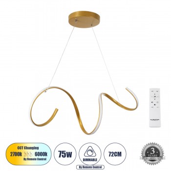 GloboStar® SPIRALE 61286 Κρεμαστό Φωτιστικό Οροφής Design LED CCT 75W 8400lm 300° AC 220-240V - Εναλλαγή Φωτισμού μέσω Τηλεχειριστηρίου All In One Ψυχρό 6000k+Φυσικό 4500k+Θερμό 2700k Dimmable Μ72 x Π25 x Υ18cm - Χρυσό Βούρτσας - 3 Years Warranty