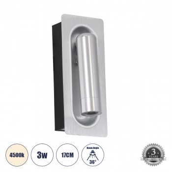 GloboStar® MANHATTAN 61099 Μοντέρνο Χωνευτό Φωτιστικό Τοίχου - Απλίκα Ξενοδοχείου Bed Side LED 3W 405lm 36° AC 220-240V - Reading Light - Μ7 x Π7 x Υ17cm - Φυσικό Λευκό 4500K - Νίκελ Βούρτσας